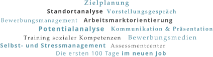 Standortanalyse Potentialanalyse Zielplanung Arbeitsmarktorientierung Bewerbungsmedien Bewerbungsmanagement Kommunikation & Präsentation Training sozialer Kompetenzen Vorstellungsgespräch Assessmentcenter Selbst- und Stressmanagement Die ersten 100 Tage im neuen Job